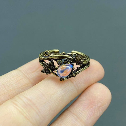 Vintage Moonstone Foliage Bronze Adjustable Ring