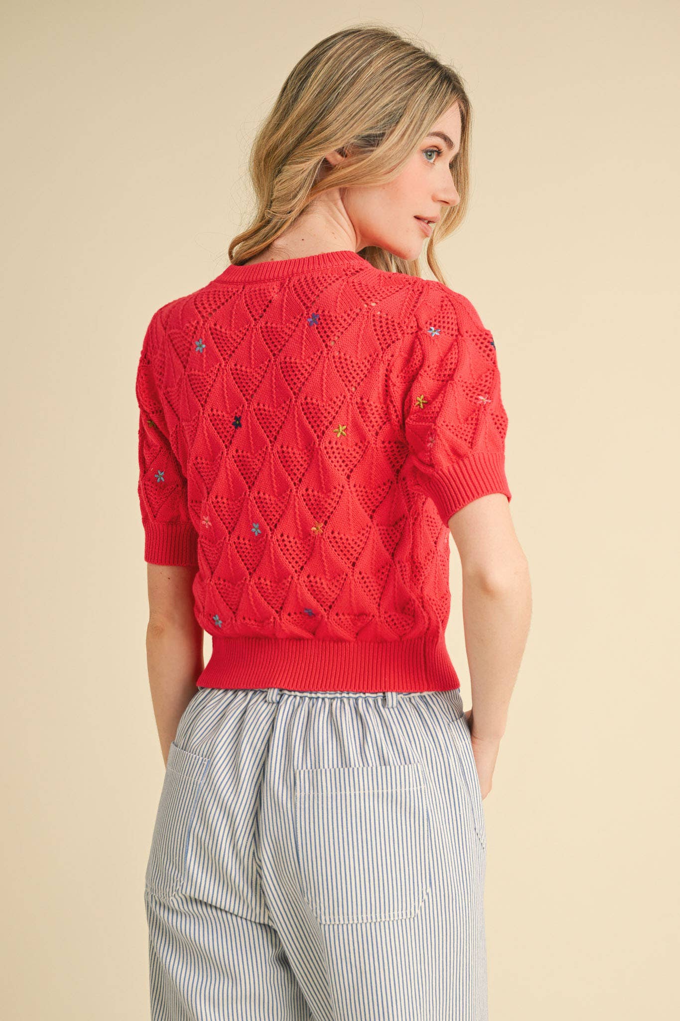 POINTELLE KNIT SWEATER WITH FLORAL EMBROIDERY MSW10819