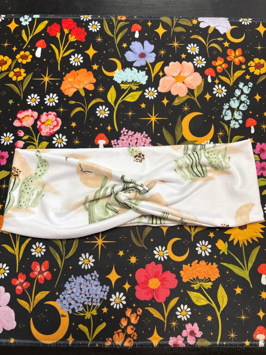 Headband Accessory White with green cactus print
