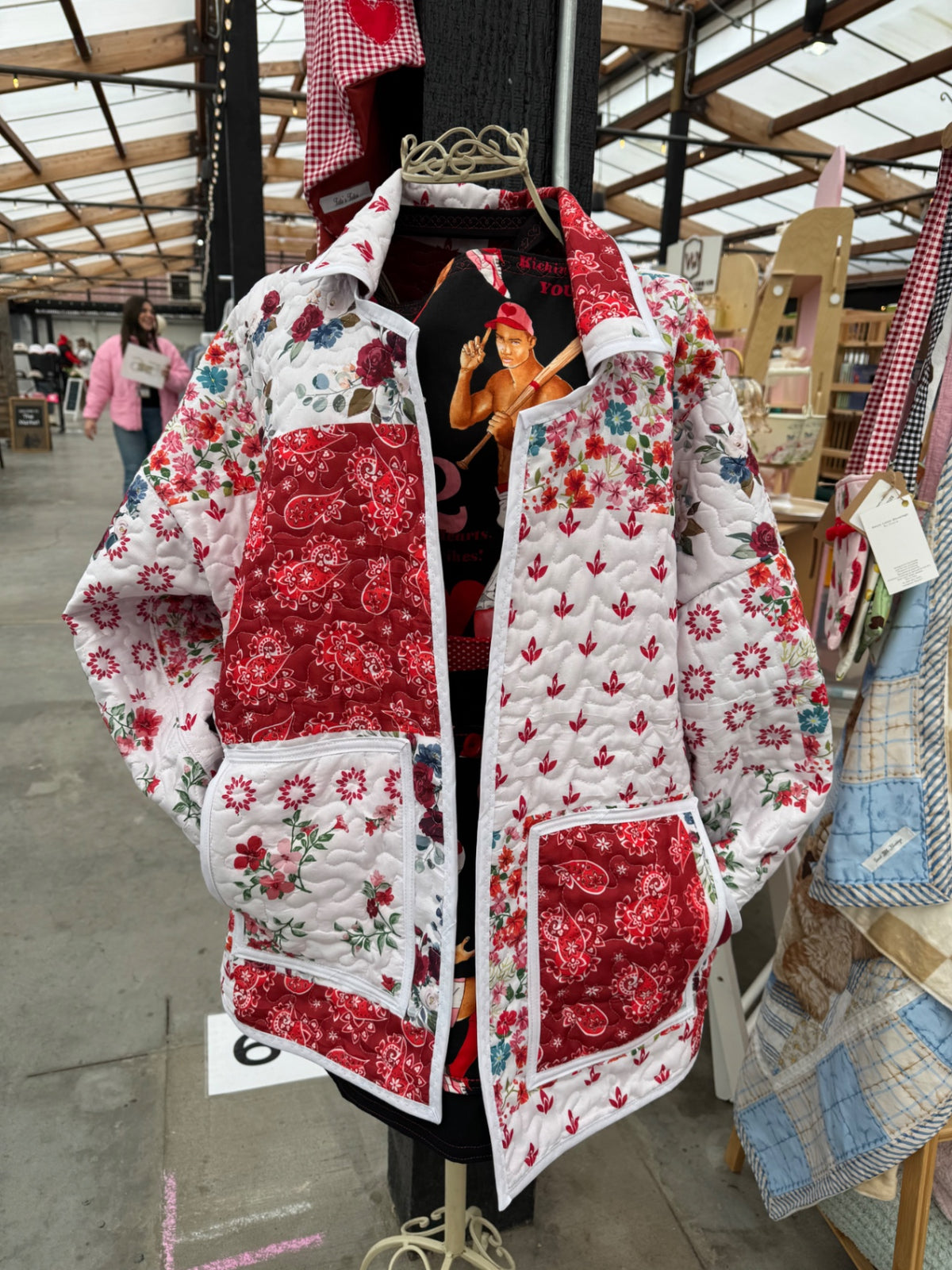 Tate's Totes Jacket Large Red and white with floral and paisley patterns