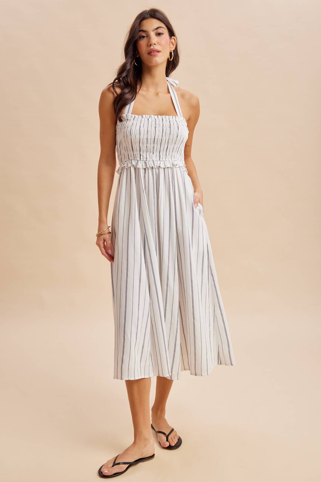 SMOCKED HALTER MIDI DRESS