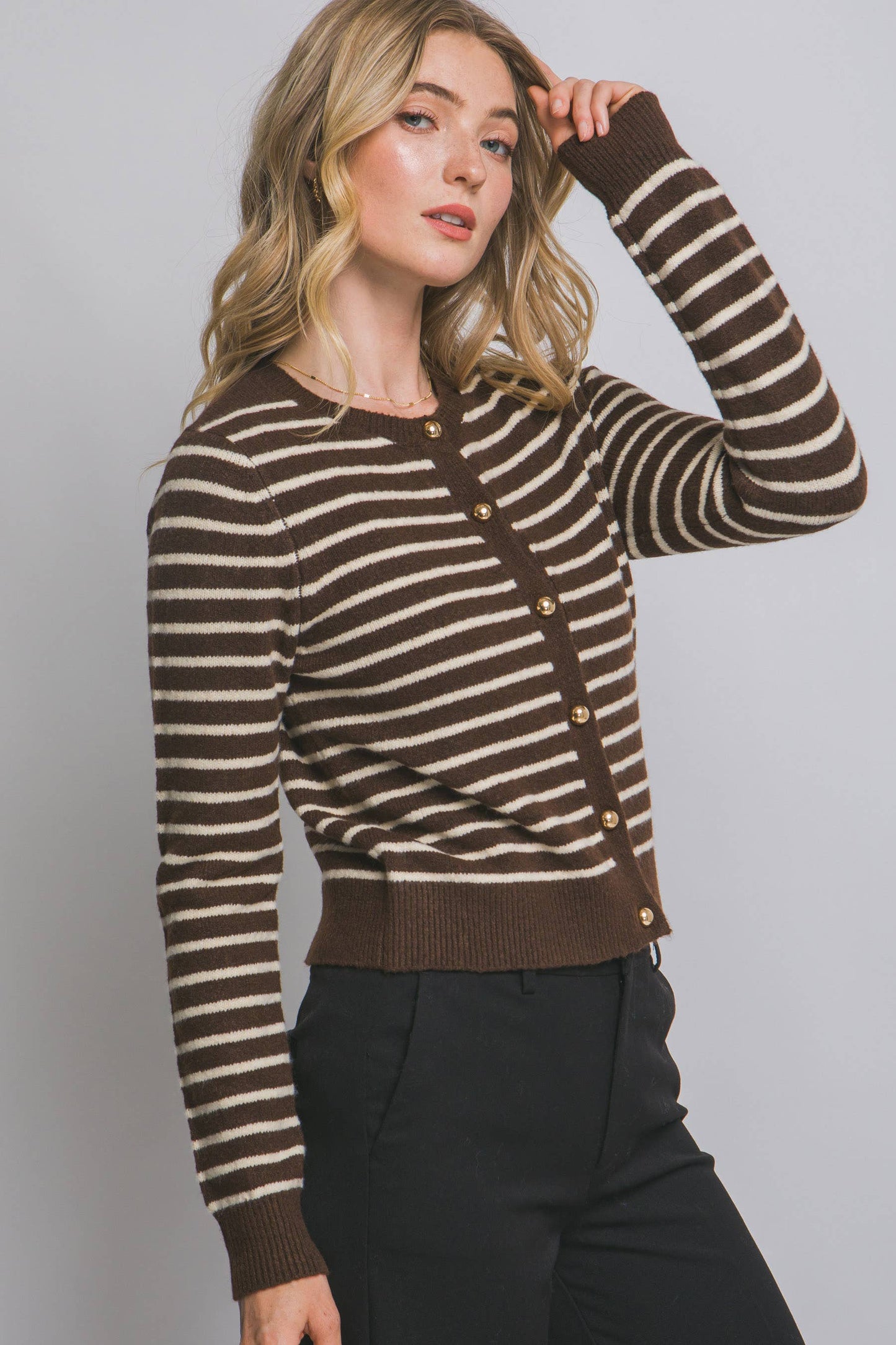 ,.0812 Striped Crew Neck Gold Button Cardigan SI-28593