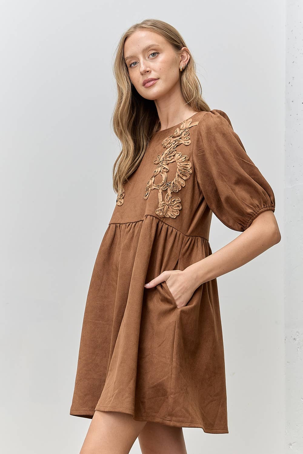 3D EMBROIDERED SUEDE DRESS
