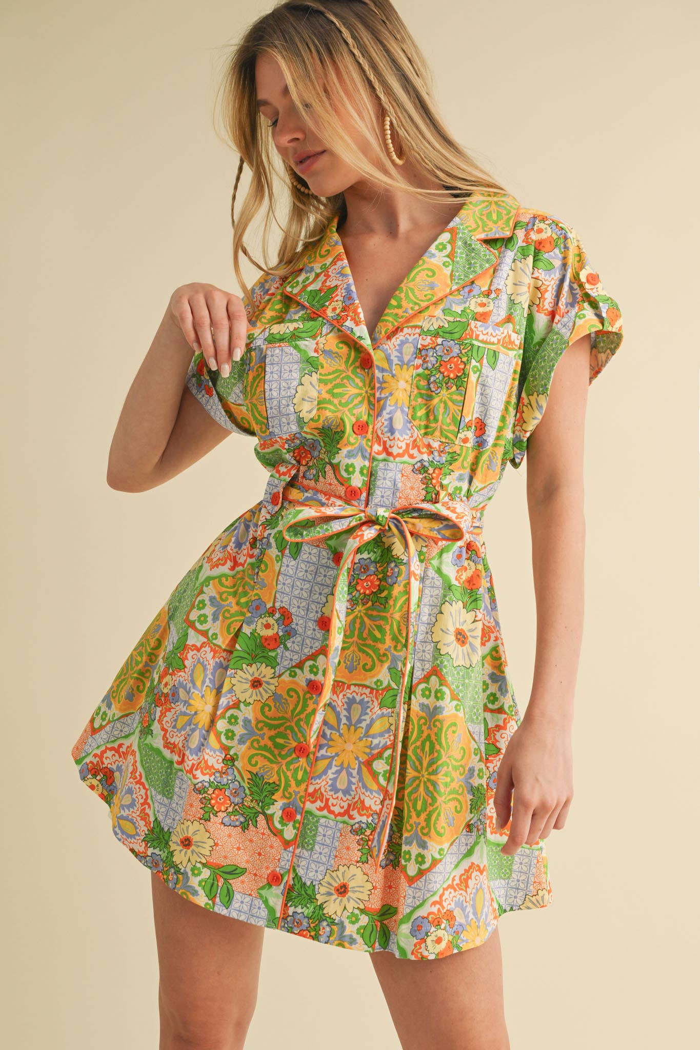 EXCLUSIVE PRINT BUTTON DOWN SHORT SLEEVE MINI DRESS MDR4044
