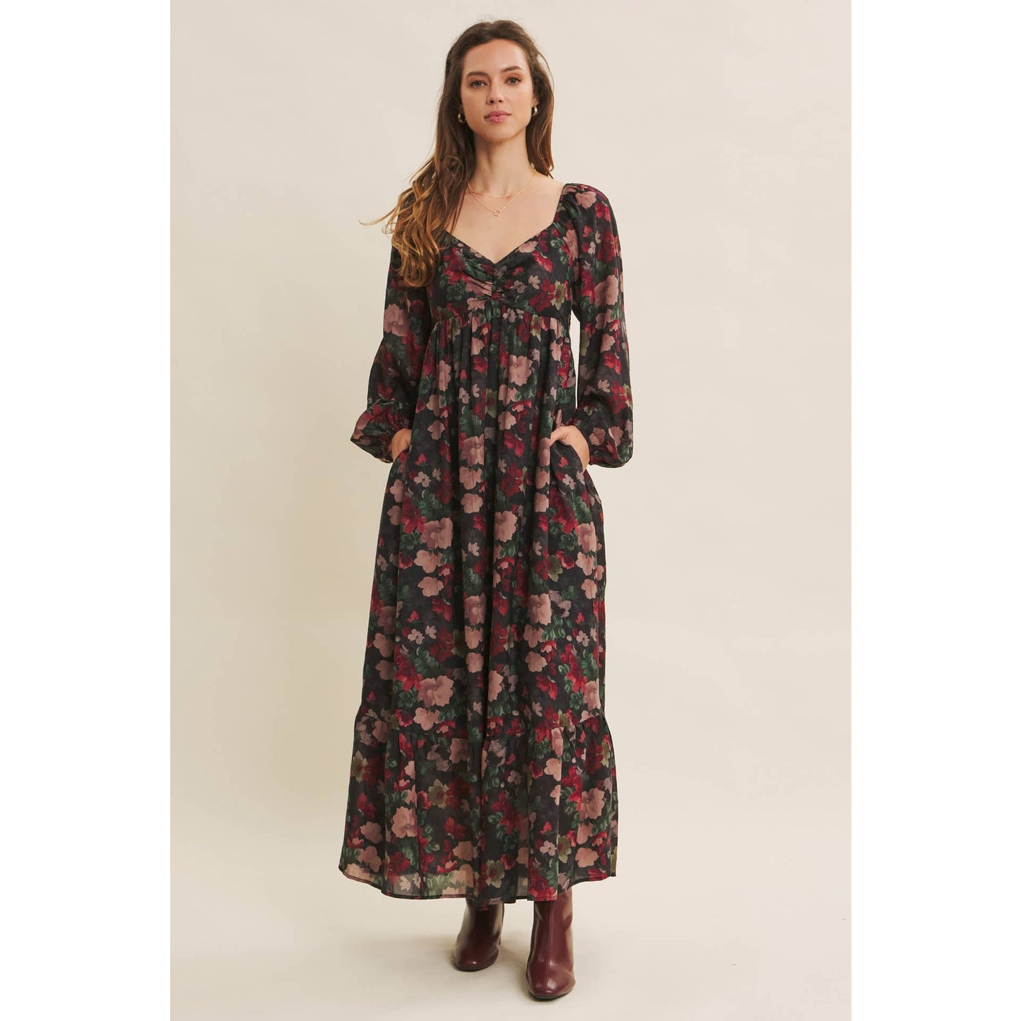 LOVE LETTER TO AUTUMN FLORAL CRINKLED MAXI SMOCKED DRESS