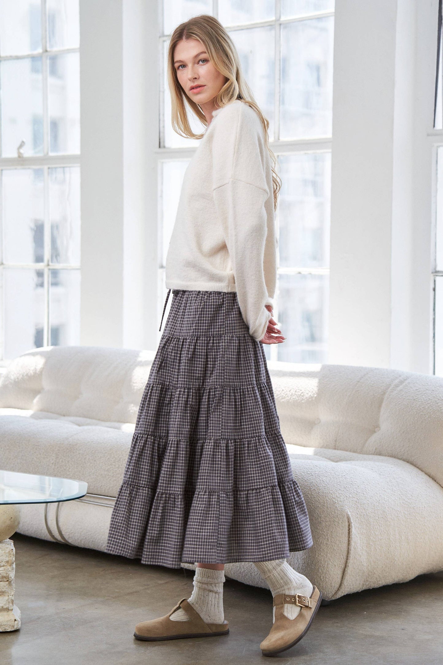 Caramel Gingham Elastic Waistband Skirt