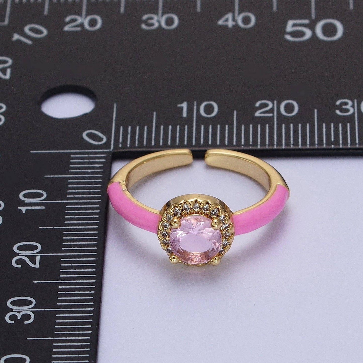 Gold Filled Barbiecore Round Green, White, Pink Micro Paved Enamel Adjustable Ring | Y343 - Y345