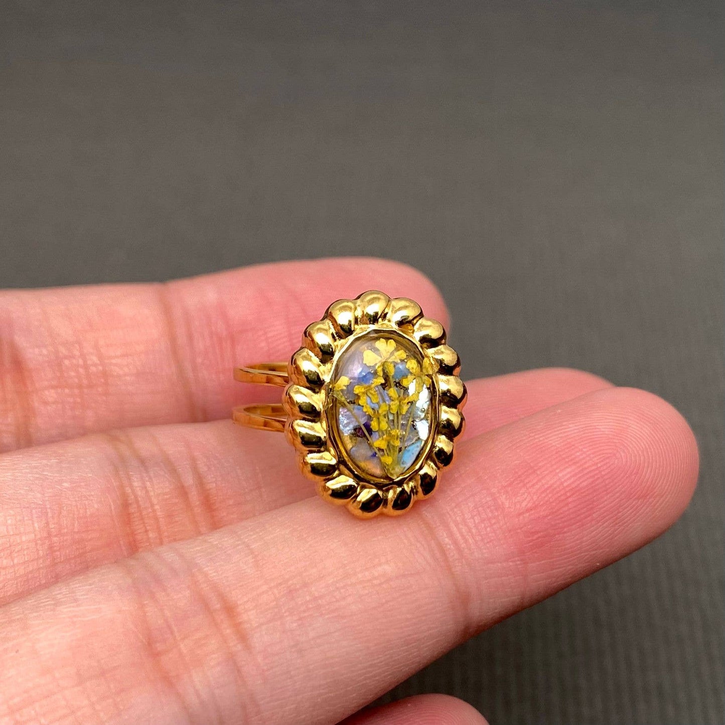 Dried flowers 18K Golden SS Adjustable Floral Rings- PDF/FGS