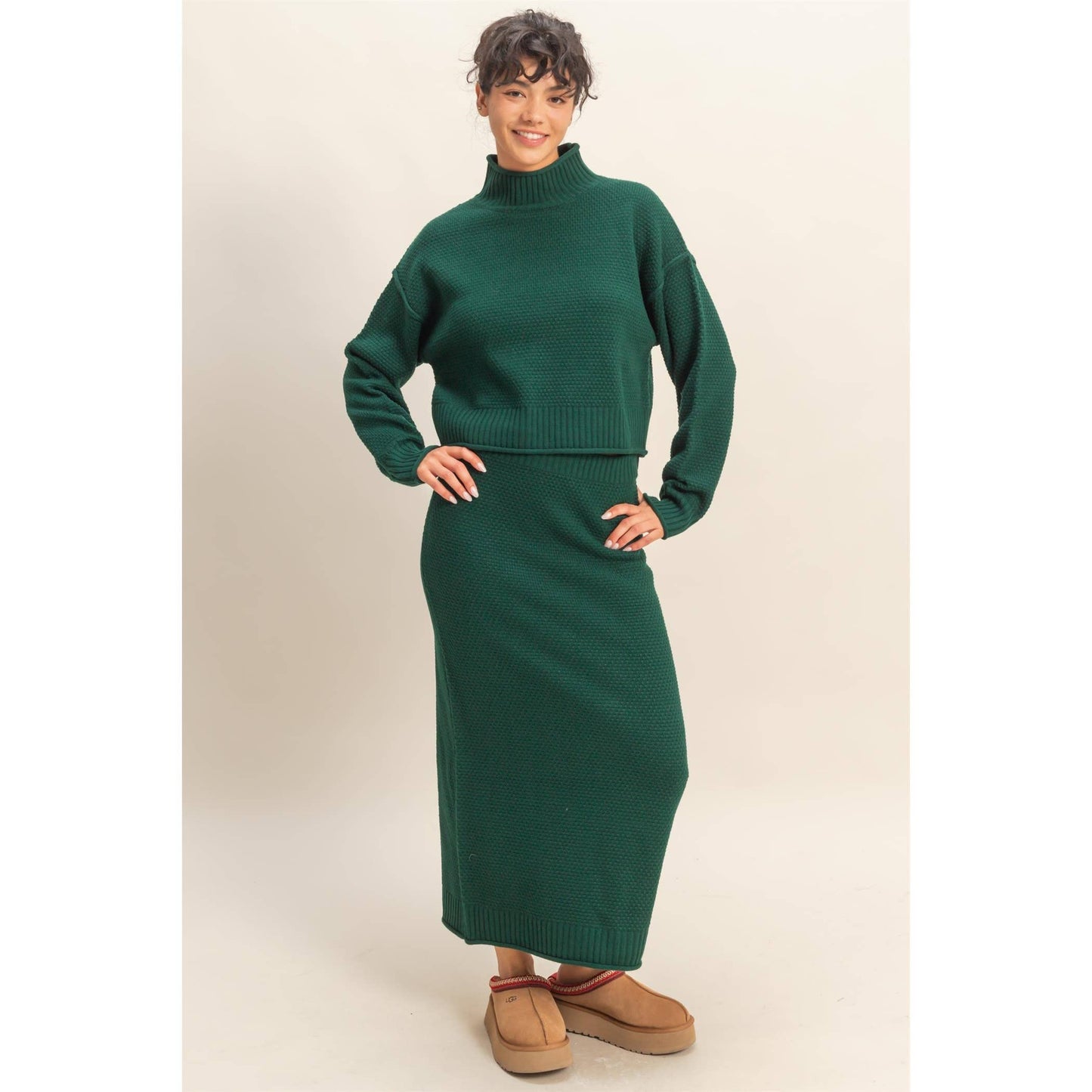 Textured High Neck Sweater & Skirt Set