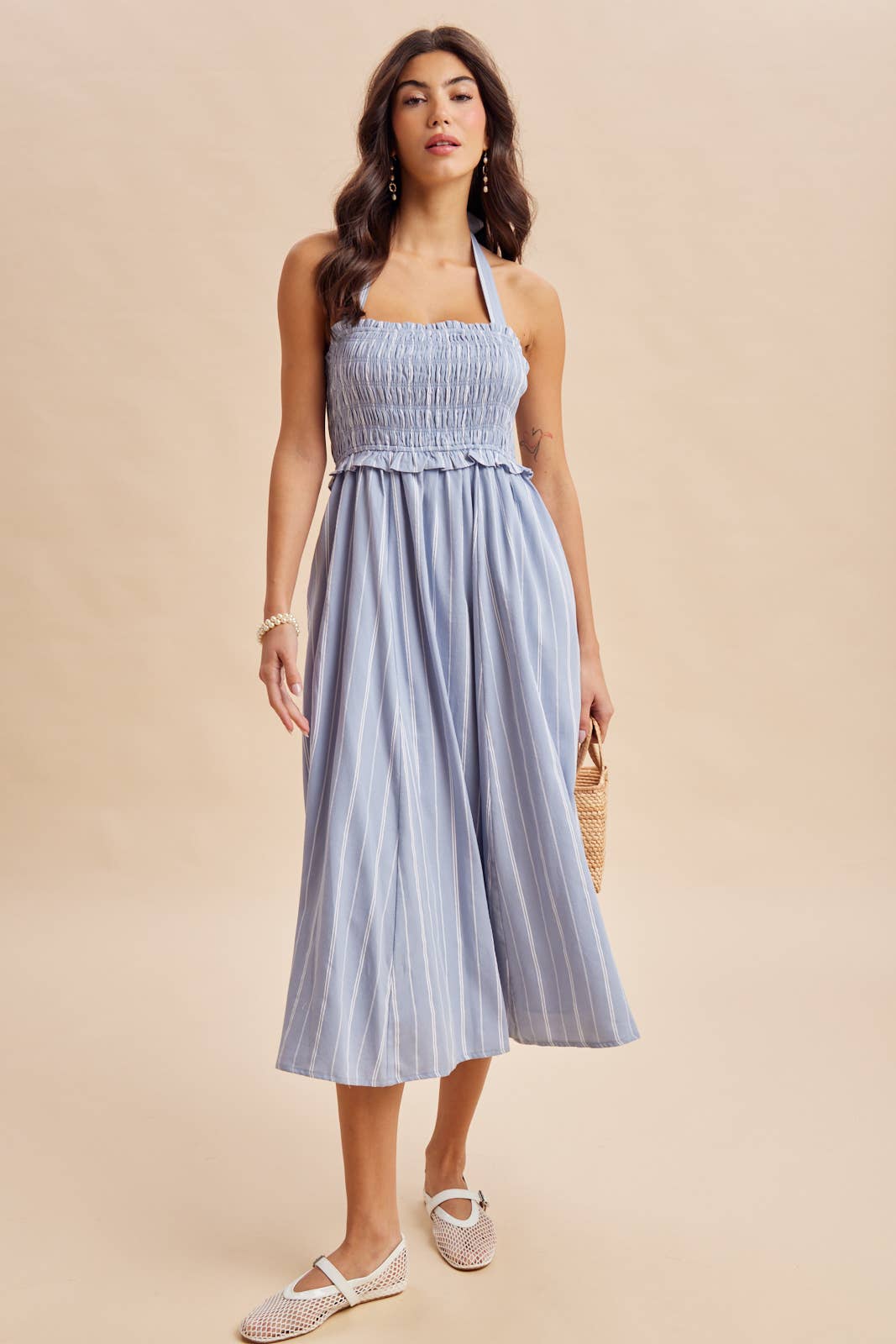 SMOCKED HALTER MIDI DRESS