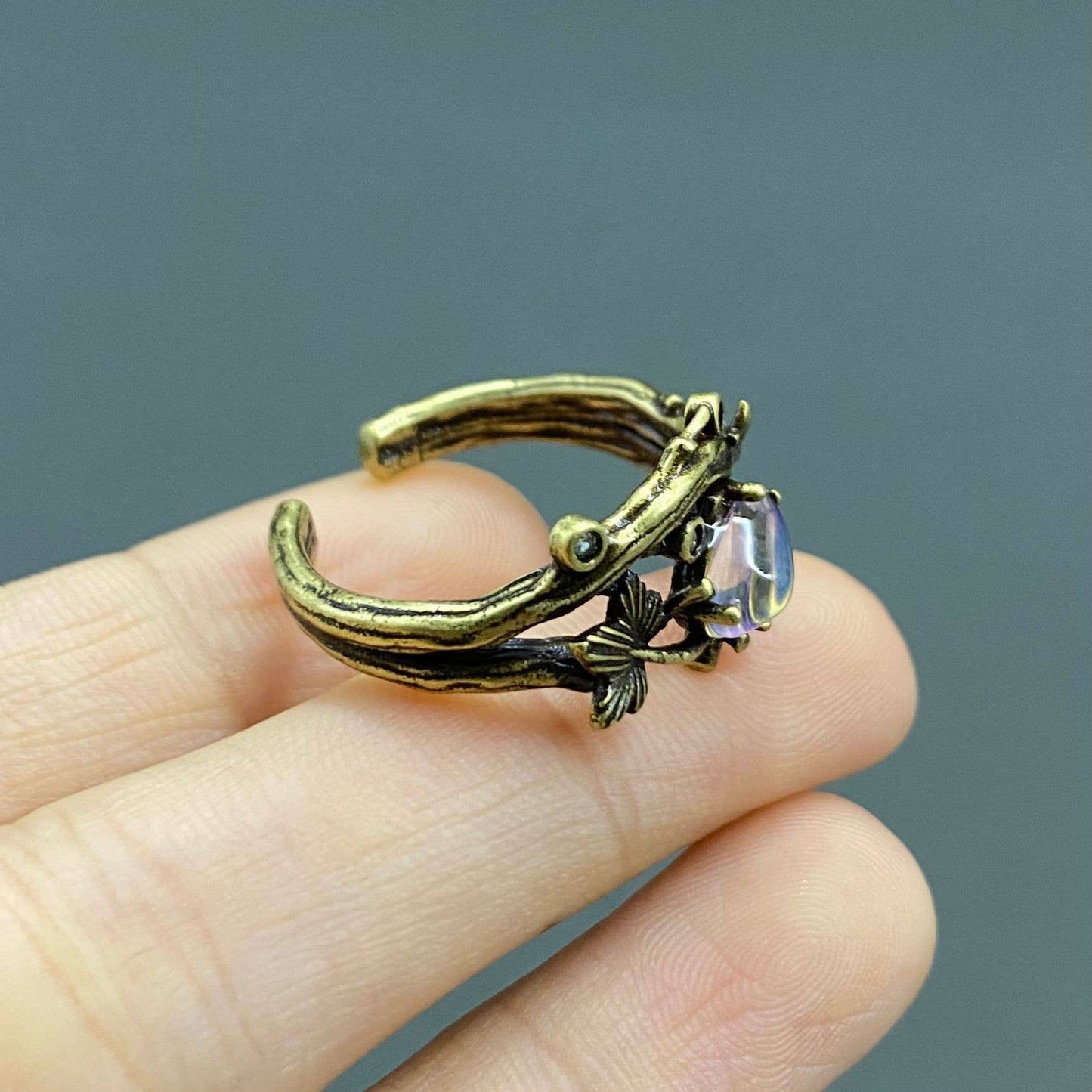 Vintage Moonstone Foliage Bronze Adjustable Ring