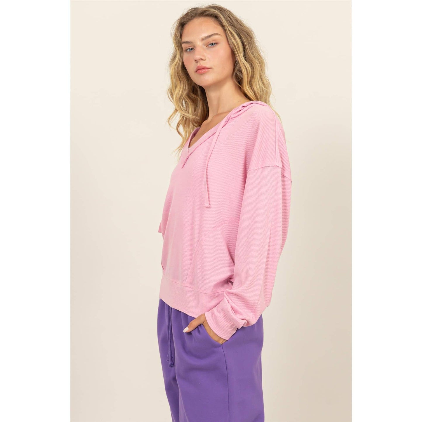 Relaxed Fit Notch Neck Ribbed Hoodie