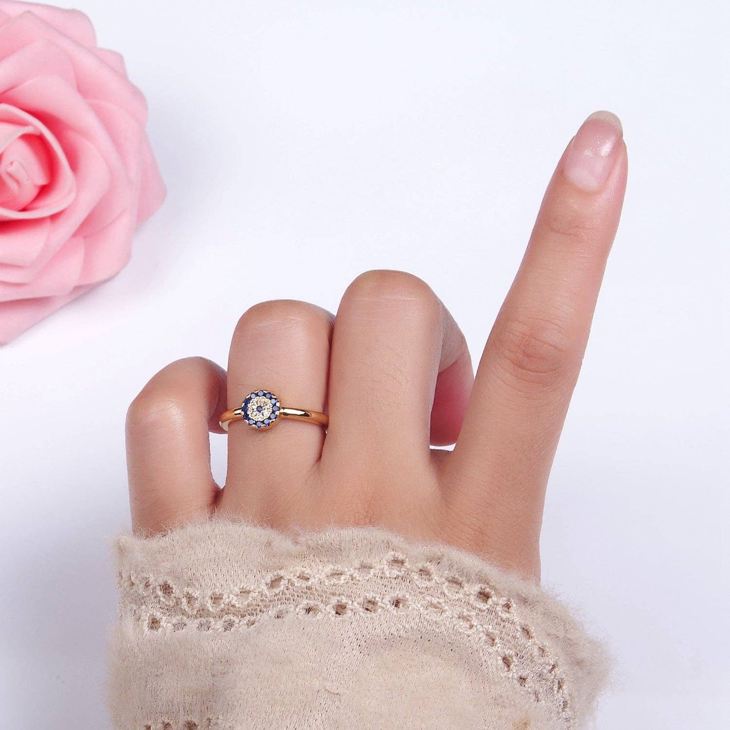 16K Gold Filled Blue Micro Paved CZ Round Evil Eye Ring | O1052