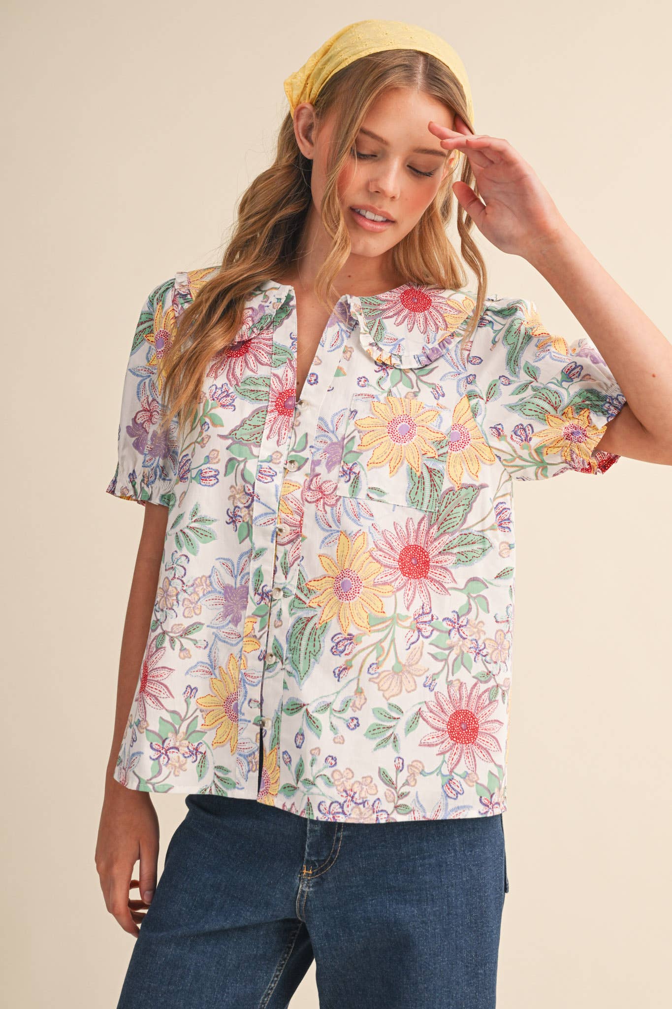 EXCLUSIVE FLORAL PRINT DOLL COLLAR BUTTON DOWN TOP MTP4672