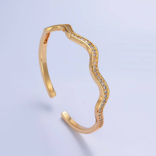 24K Gold Filled CZ Paved Wavy Cuff Bracelet | WA-2720