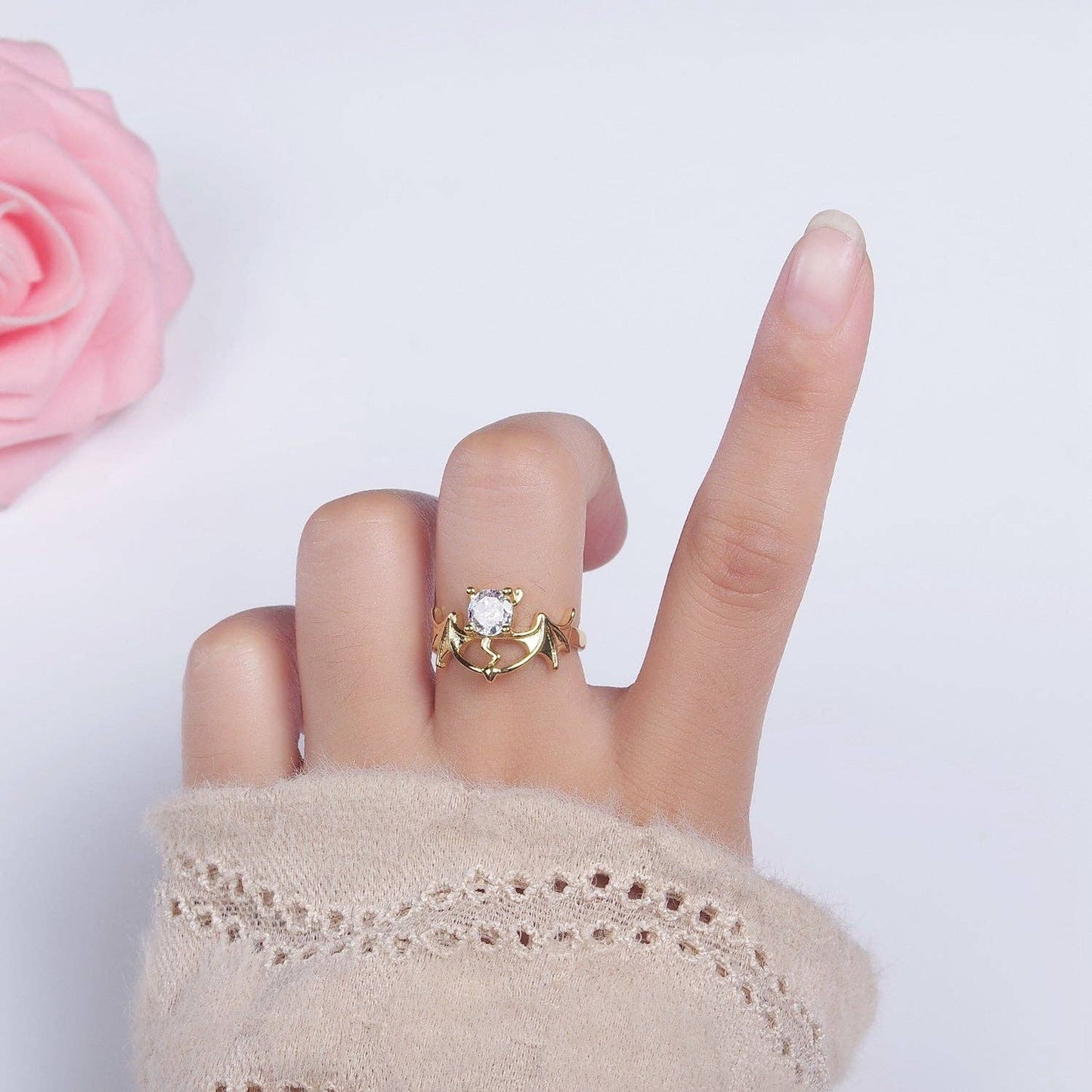14K Gold Filled Clear CZ Devil Bat Wings Ring | O1056