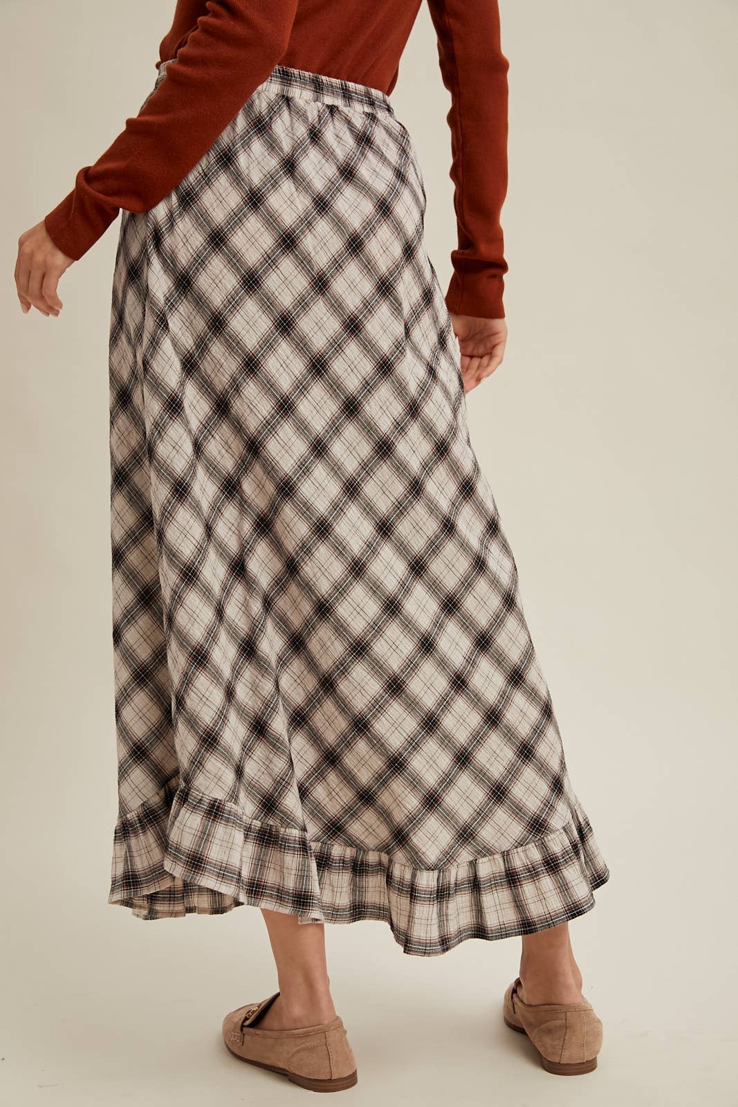 PLAID RUFFLE HEM MIDI SKIRT / WL25-11047