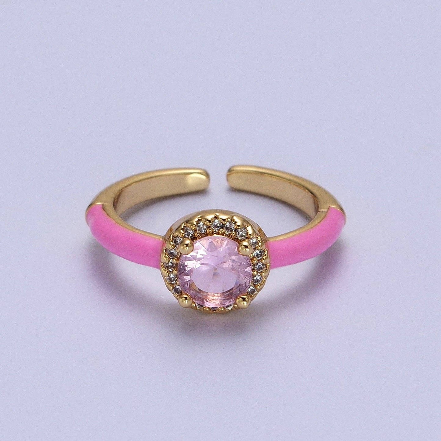 Gold Filled Barbiecore Round Green, White, Pink Micro Paved Enamel Adjustable Ring | Y343 - Y345