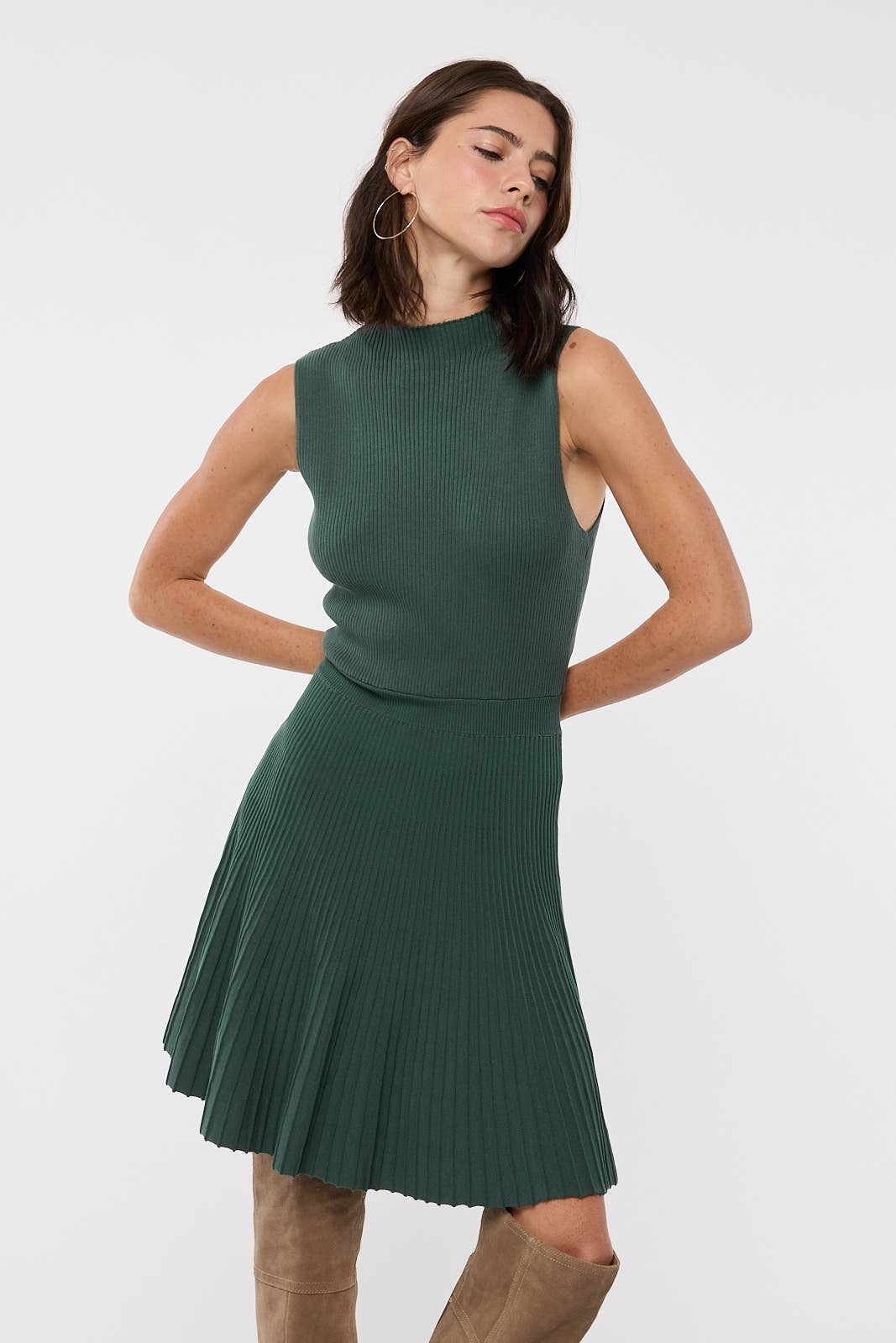 PLEATED MOCK NECK SWEATER MINI DRESS / WL25-11297