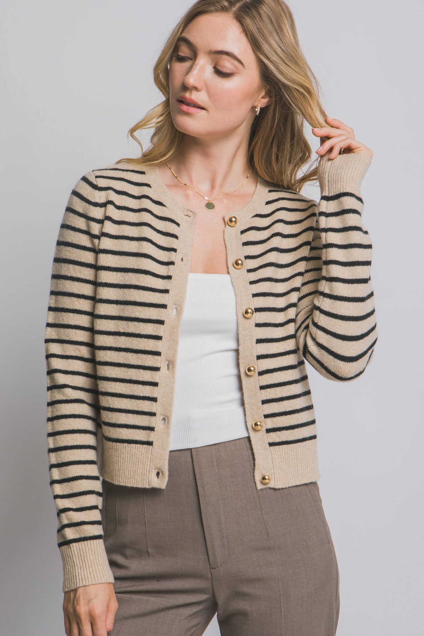 ,.0812 Striped Crew Neck Gold Button Cardigan SI-28593