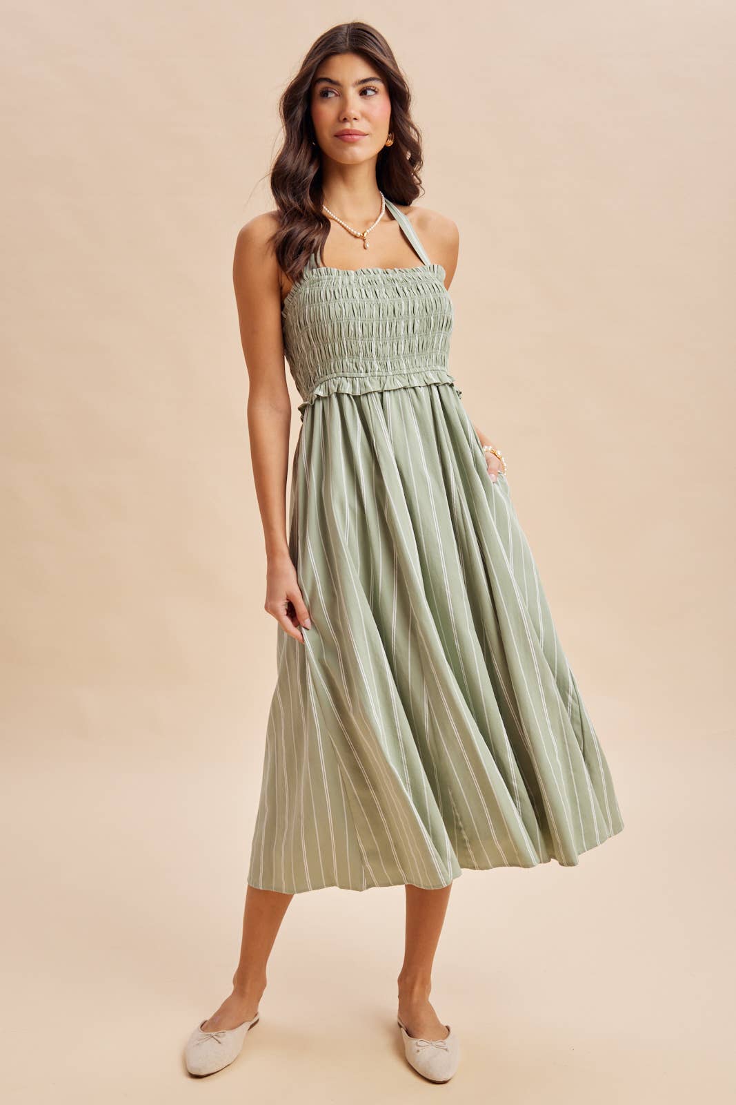 SMOCKED HALTER MIDI DRESS