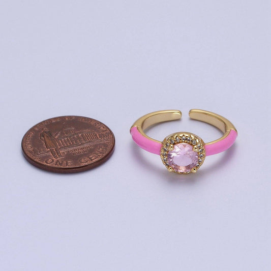 Gold Filled Barbiecore Round Green, White, Pink Micro Paved Enamel Adjustable Ring | Y343 - Y345