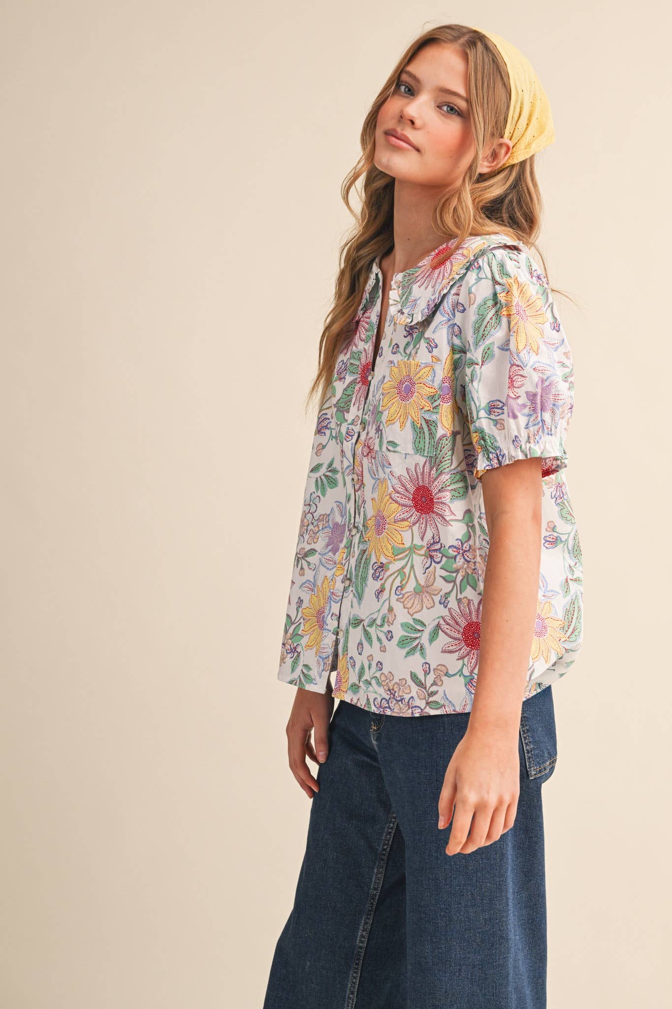 EXCLUSIVE FLORAL PRINT DOLL COLLAR BUTTON DOWN TOP MTP4672