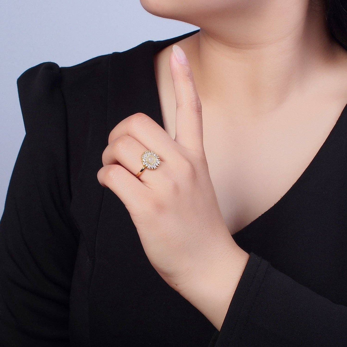 Gold Sun Ring Clear Baguette Ring Celestial Jewelry O-755