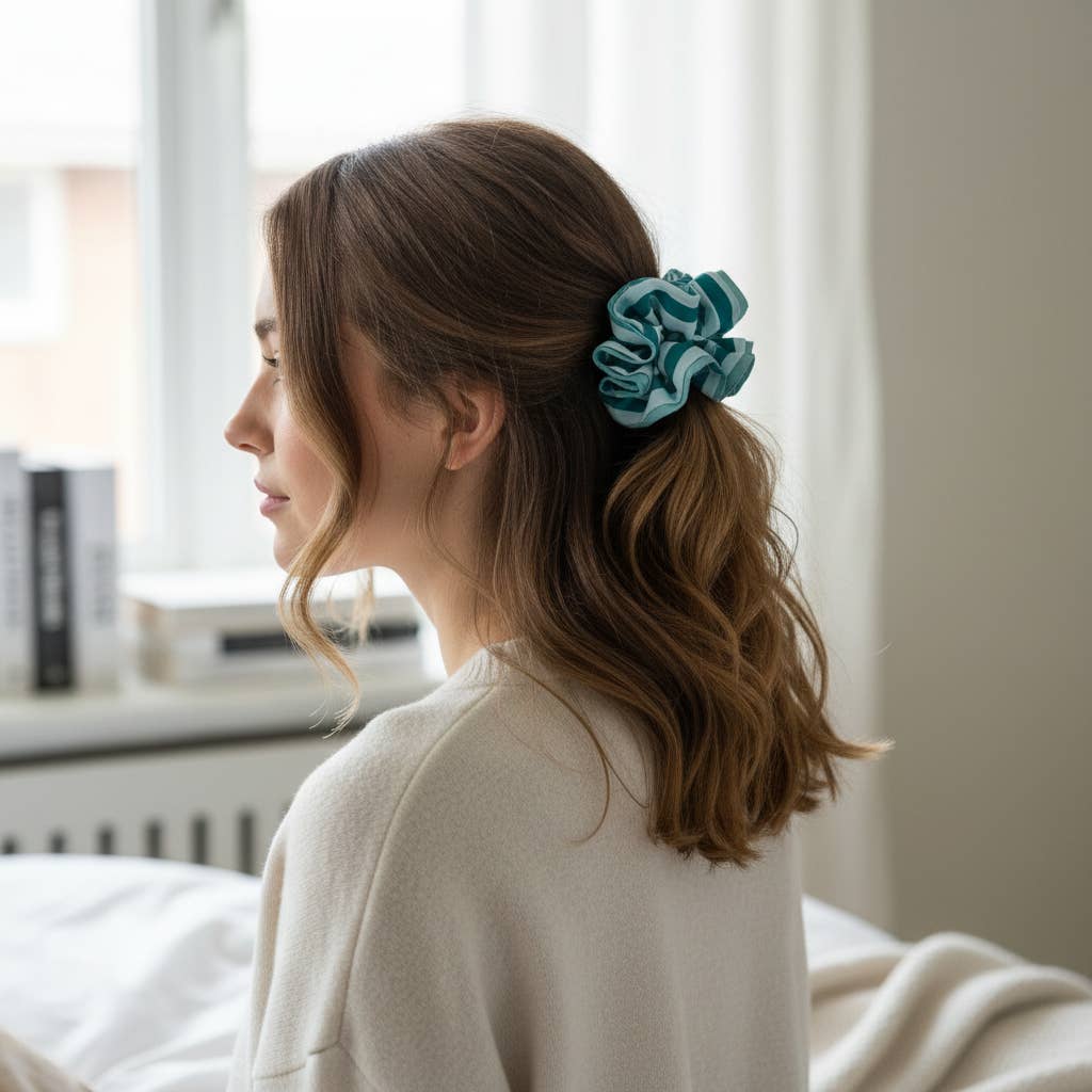Ruffle Up Scrunchie–Sicily Stripes Teal