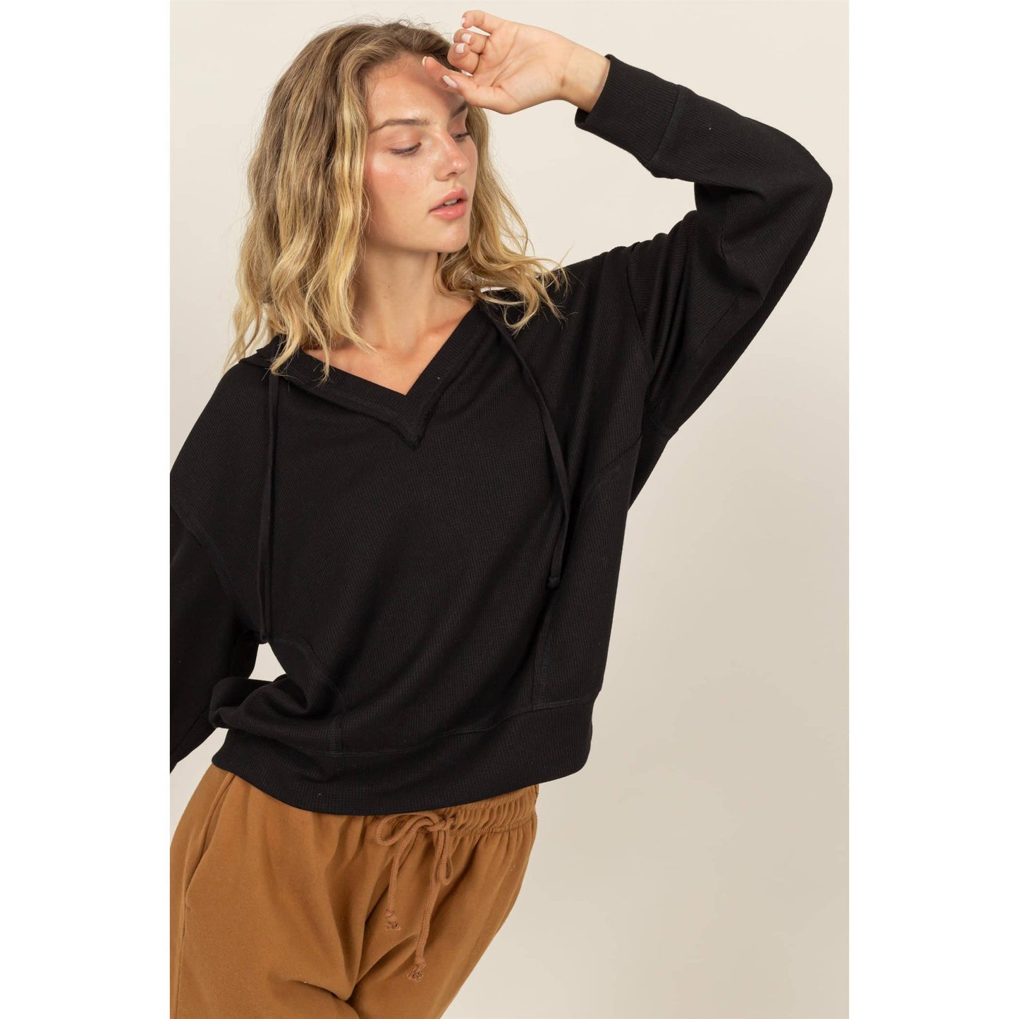 Relaxed Fit Notch Neck Ribbed Hoodie