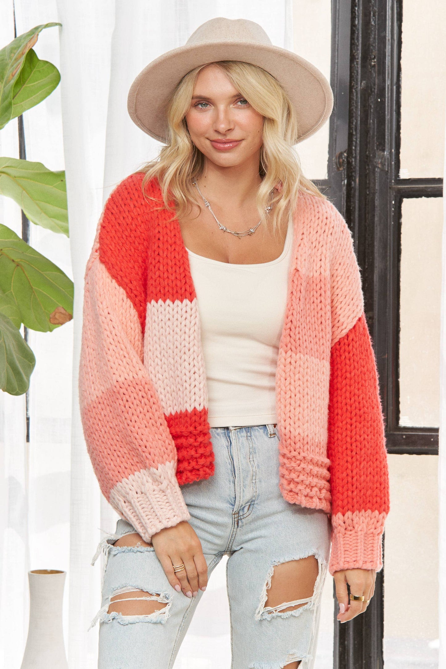 LESW3935-CHUNKY COLORBLOCK KNIT CARDIGAN