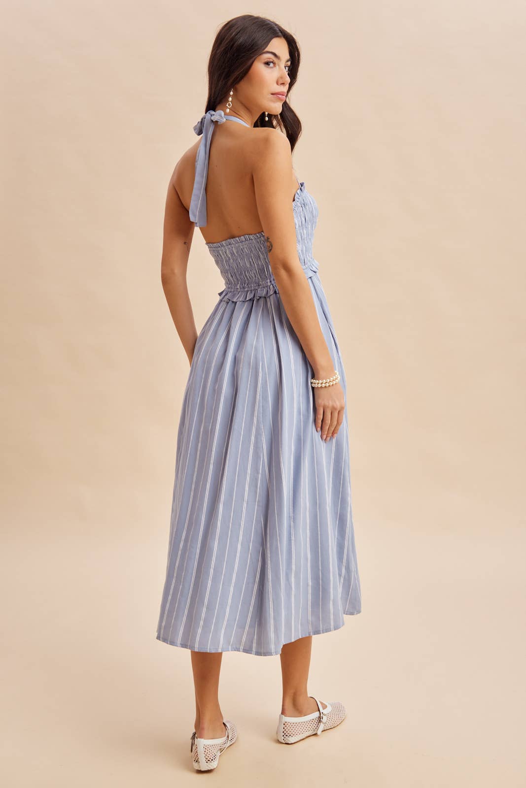 SMOCKED HALTER MIDI DRESS