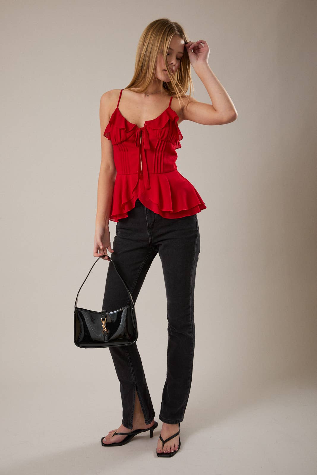 RUFFLE DETAIL PEPLUM SPAGHETTI TOP