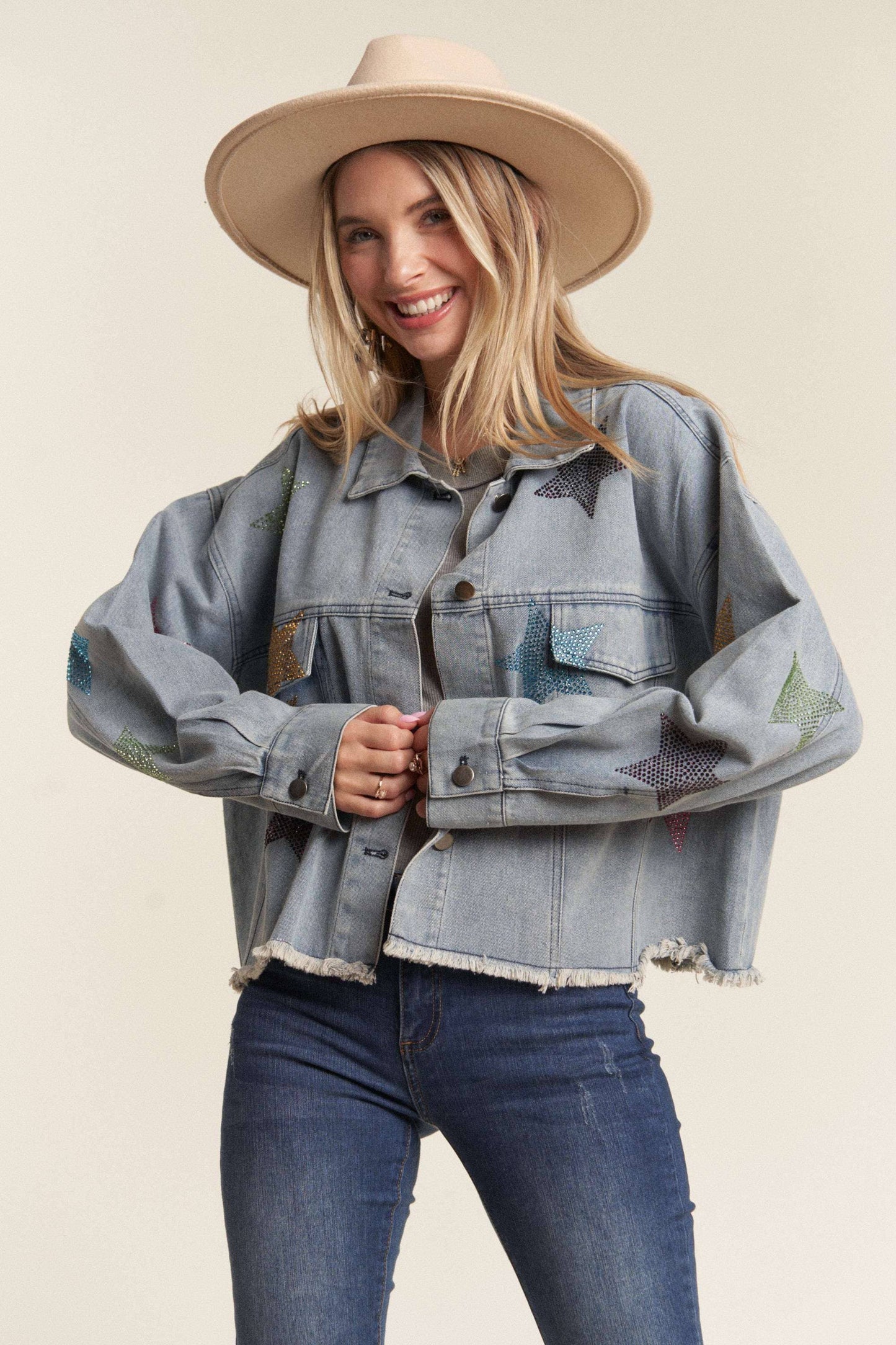 LKJ8209- RHINESTONE STAR ACCENT DENIM JACKET