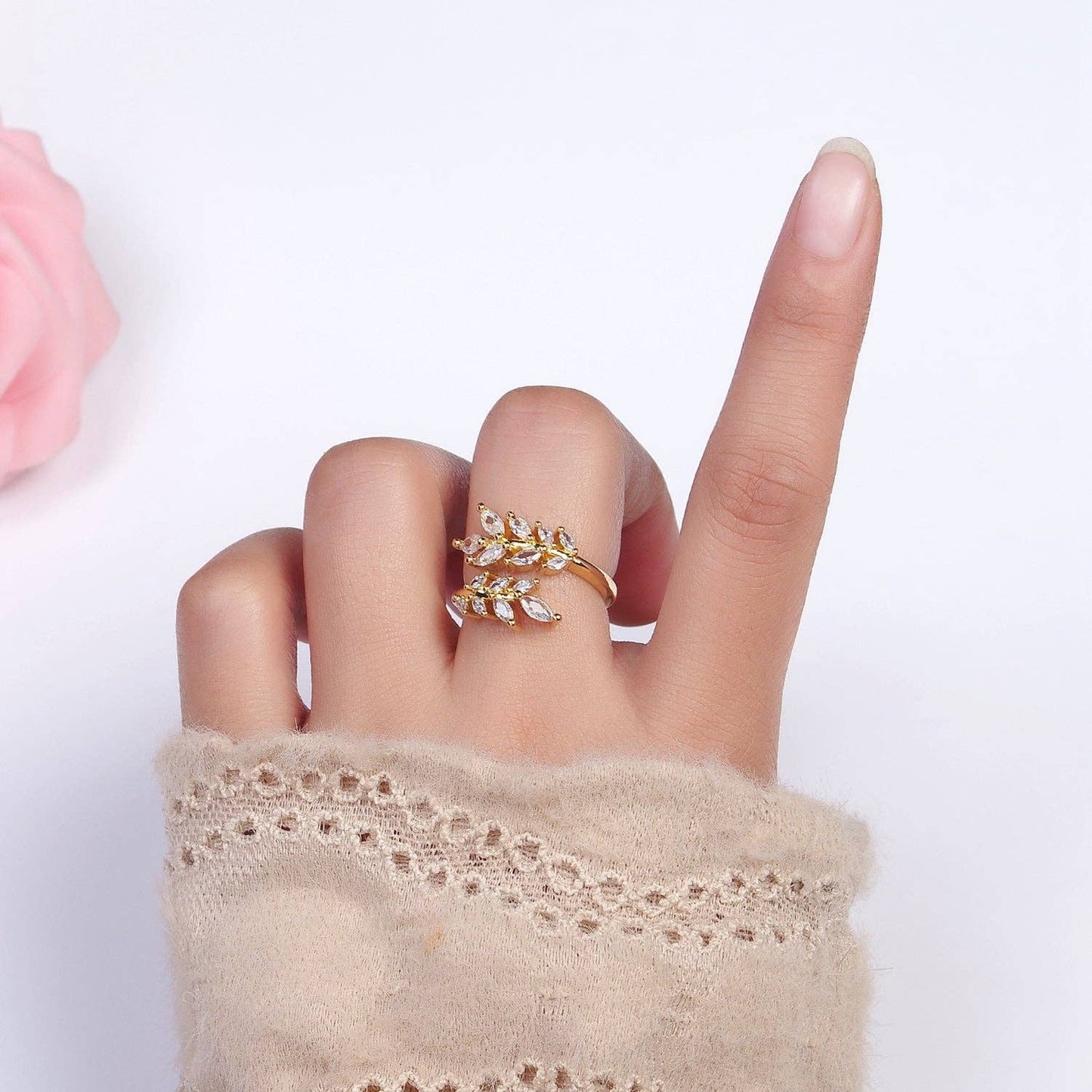 Gold Filled Clear Marquise CZ Leaf Nature Open Ring