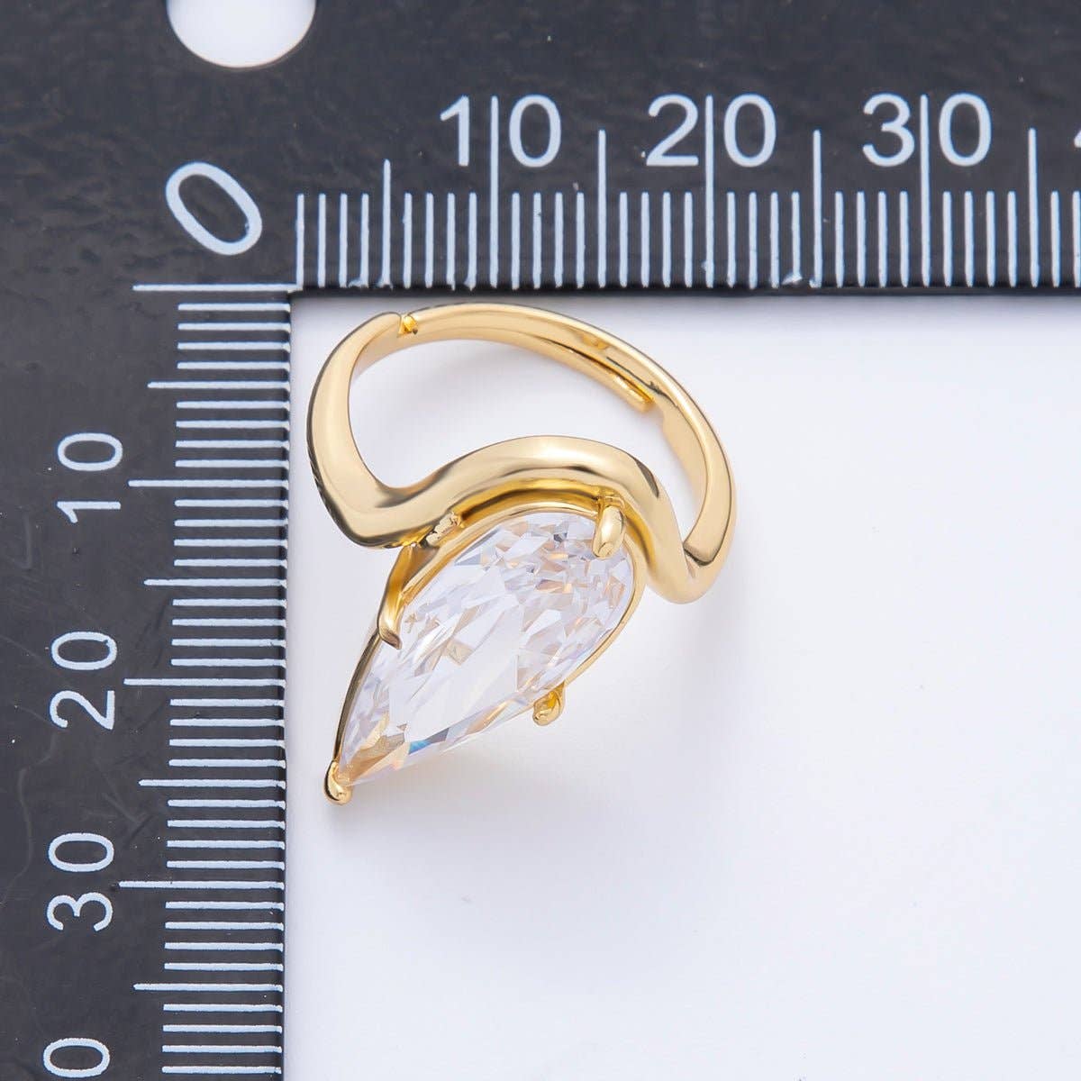 18K Gold Filled Pink, Clear Teardrop Pear Shaped Solitaire Curved Adjustable Ring | O-2208