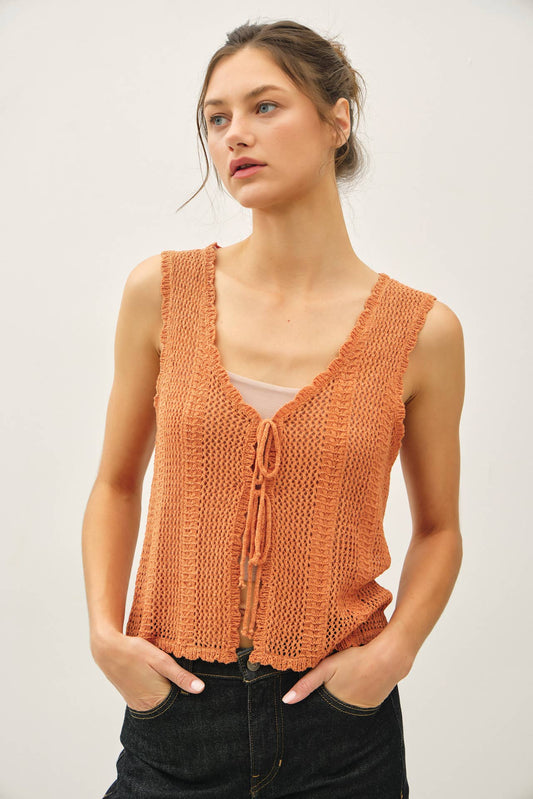 BREEZY, CROCHET KNIT VEST W/ TIE FASTENINGS