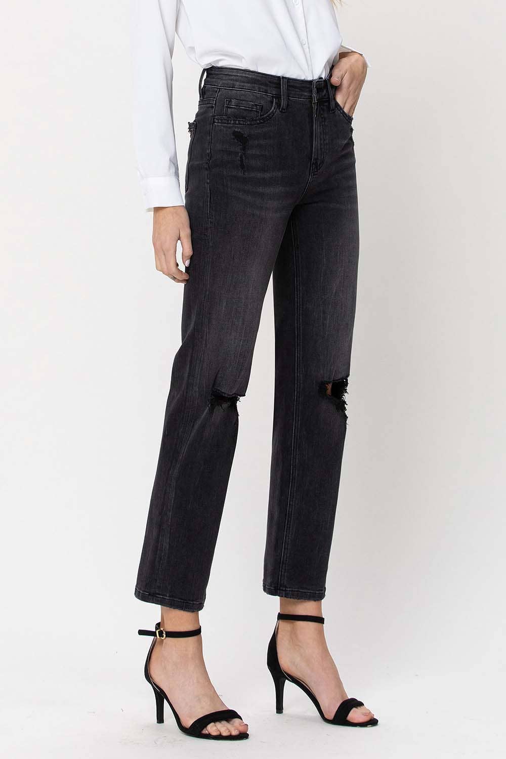 HIGH RISE DISTRESSED CROP STRAIGHT JEANS F4293
