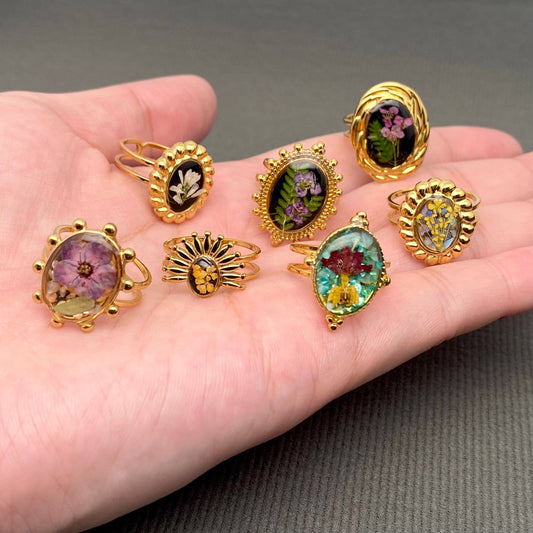 Dried flowers 18K Golden SS Adjustable Floral Rings- PDF/FGS