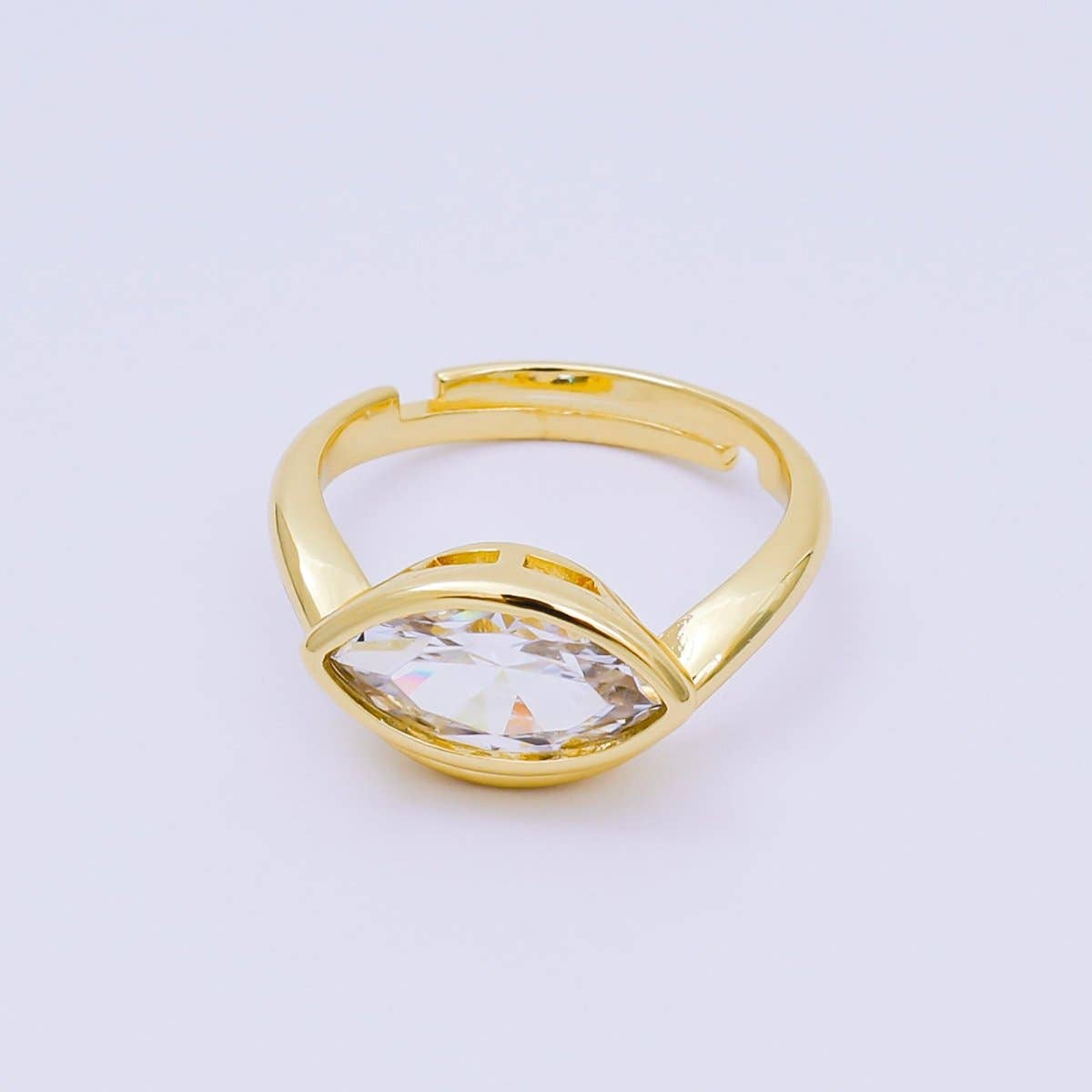 24K Gold Filled Clear Marquise CZ Eye-Like Solitaire Adjustable Ring | O1456