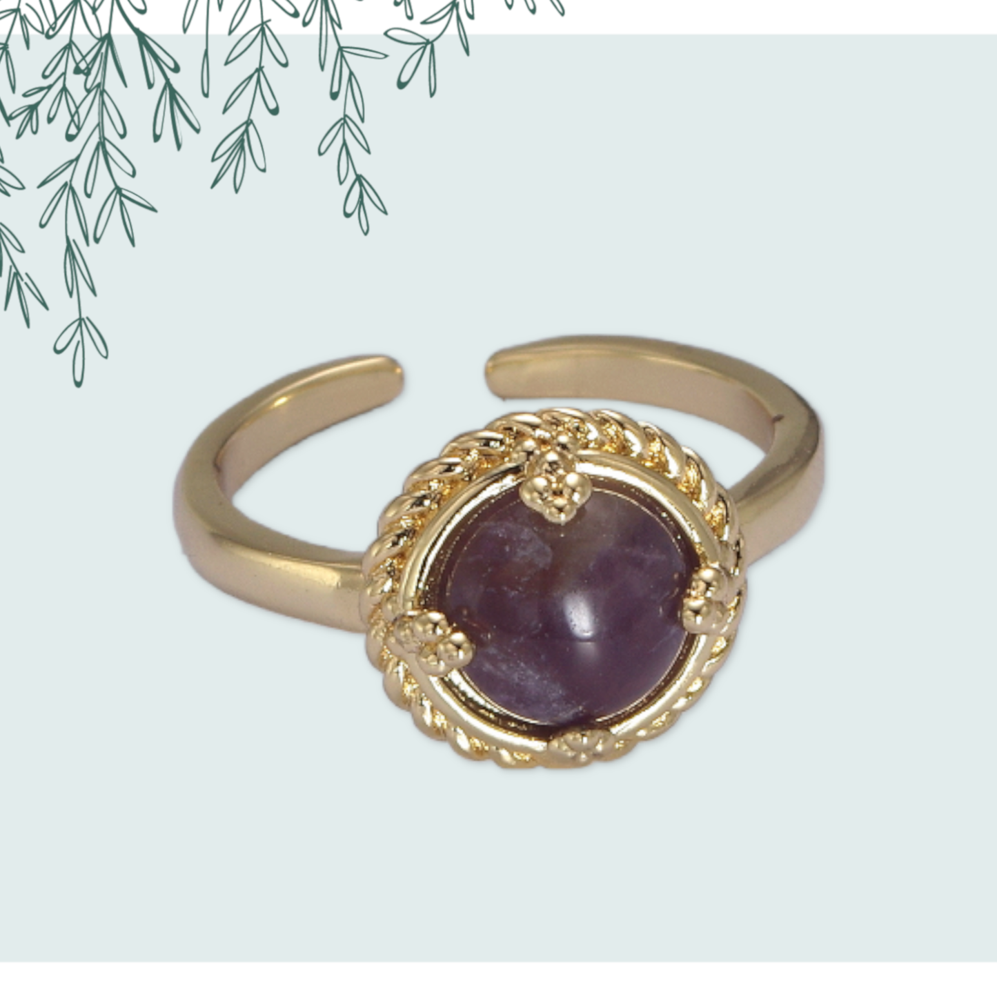 Dark Purple Amethyst Gemstone Gold Adjustable Ring