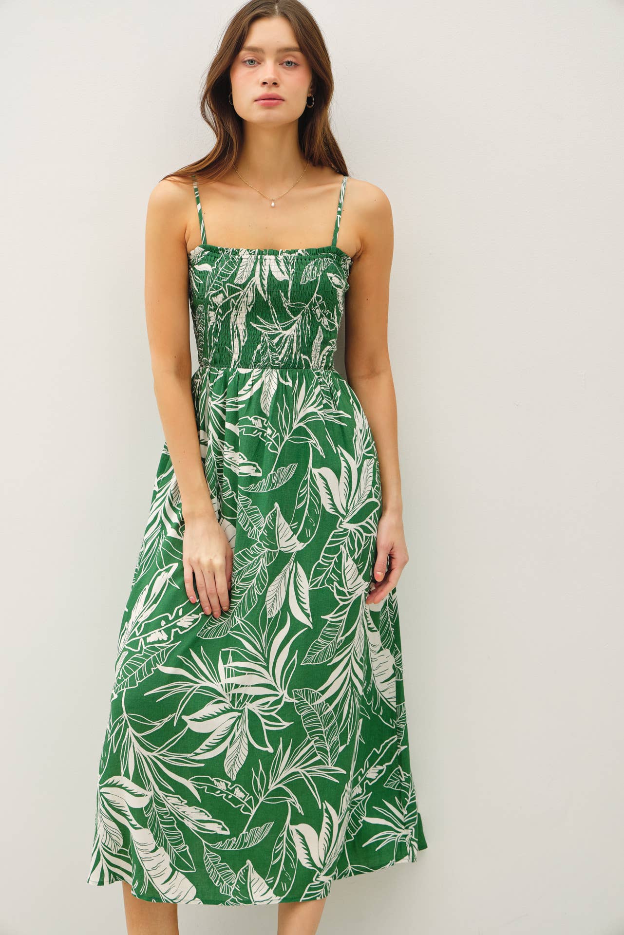 SMOCKED PRINTED MIDI DRESS