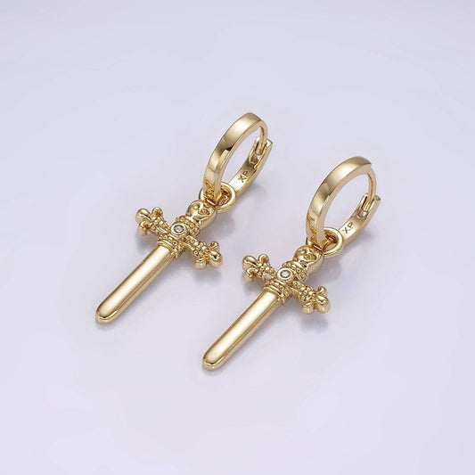 14K Gold Filled Artisan Fleury Cross Sword CZ Drop Huggie Earrings | AE934
