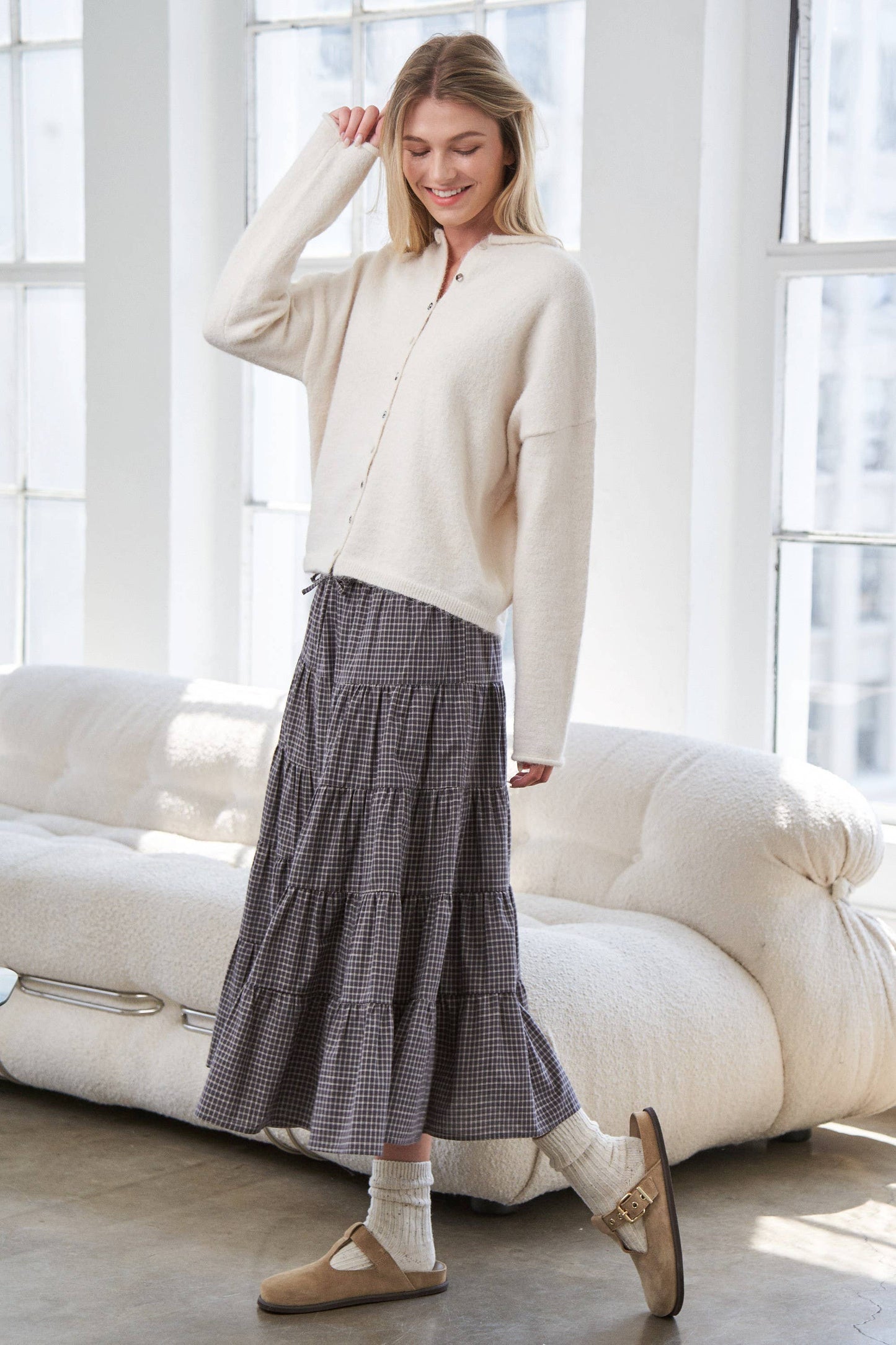 Caramel Gingham Elastic Waistband Skirt