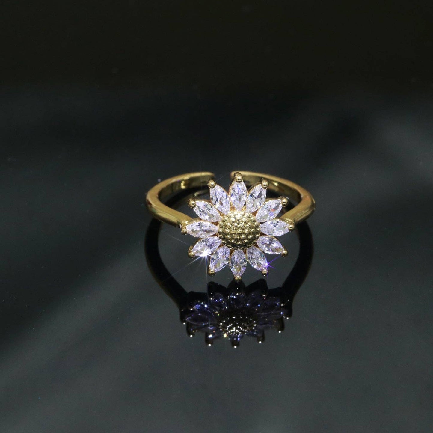 Gold Sun Flower Ring 14k Gold Filed Dainty Ring Cz Open Adjustable Minimalist Ring Stackable Jewelry O361