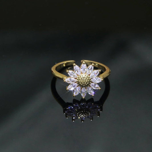 Gold Sun Flower Ring 14k Gold Filed Dainty Ring Cz Open Adjustable Minimalist Ring Stackable Jewelry O361