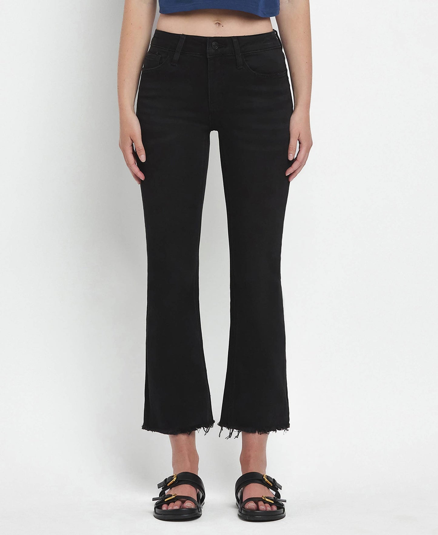 MID RISE RAW DISTRESSED HEM CROP FLARE JEANS LV1145