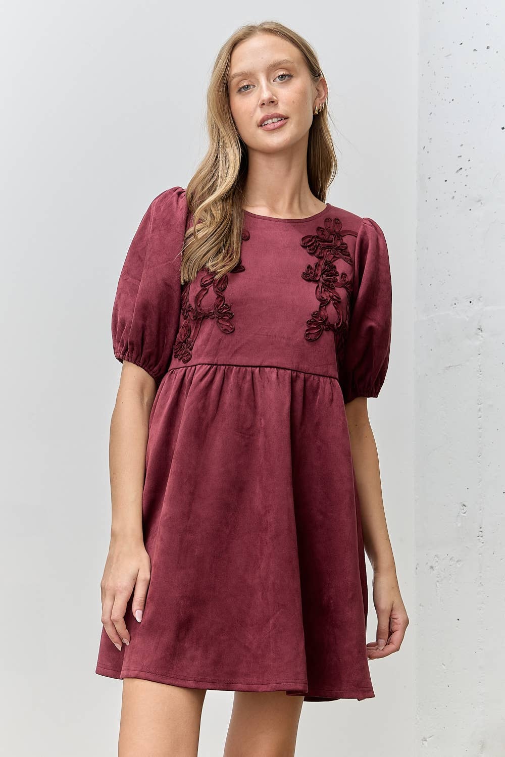 3D EMBROIDERED SUEDE DRESS