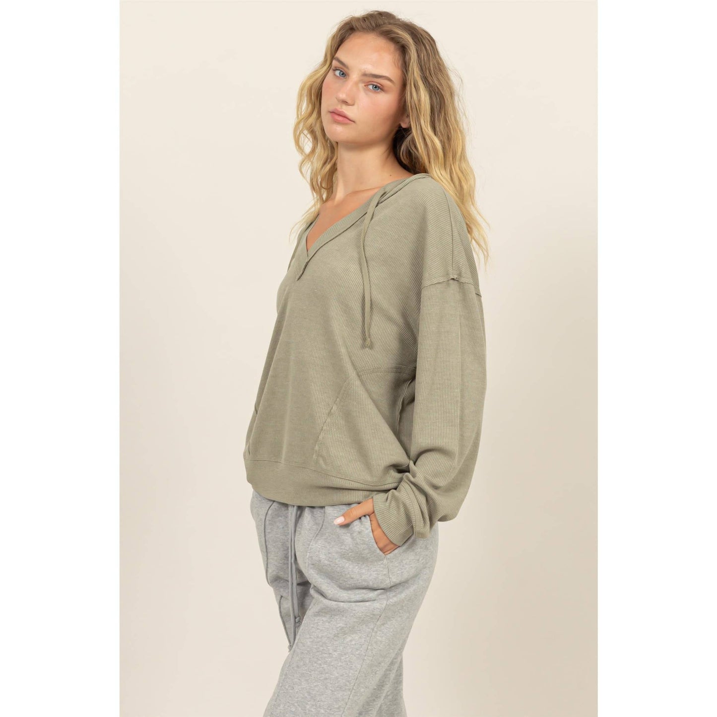 Relaxed Fit Notch Neck Ribbed Hoodie
