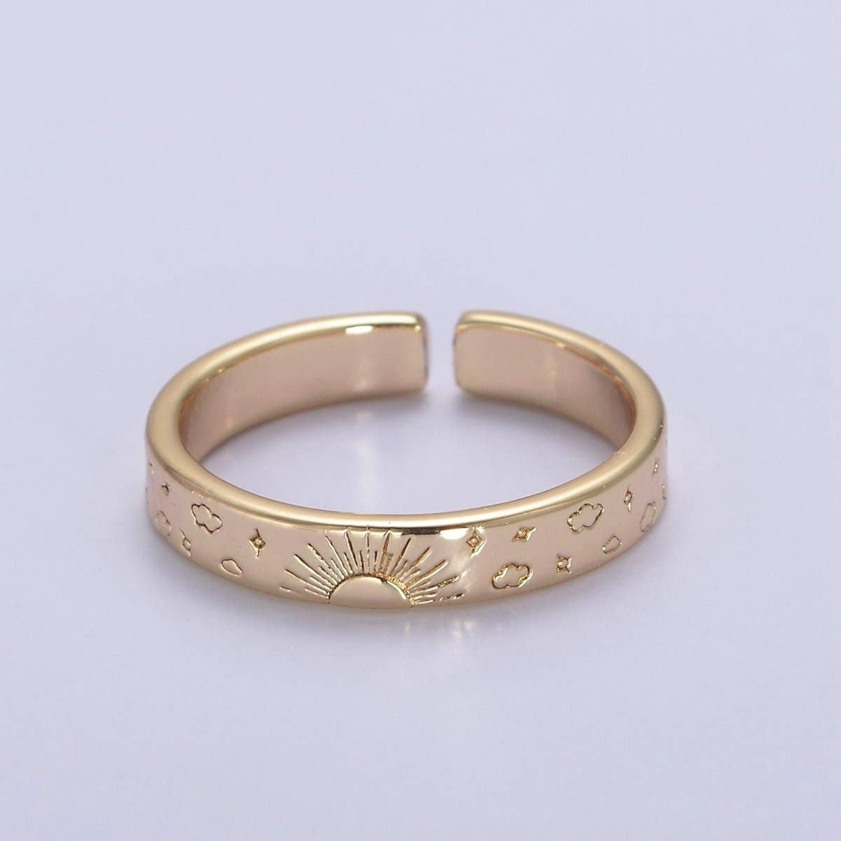 Gold Celestial Astronomy RING SET, Engraved Sun & Moon & Stars Gold Band Rings, 16K Gold Filled Adjustable Rings U-442